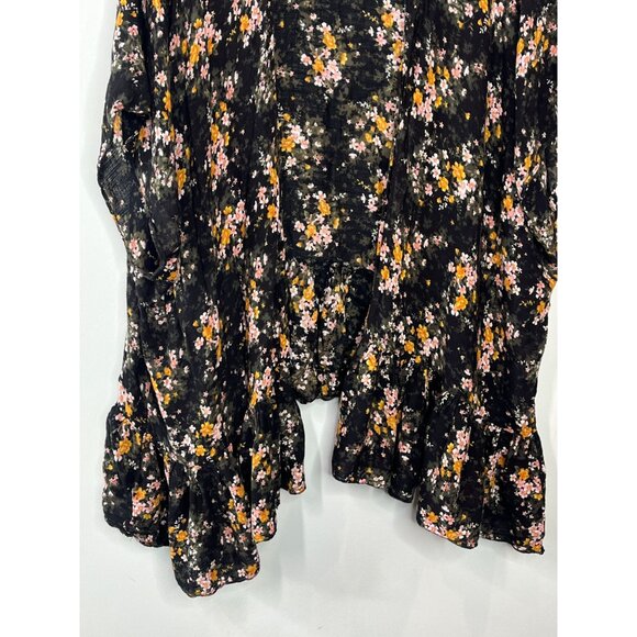 American Eagle Boho Floral Ruffle Kimono Cardigan One Size Black Pink - Picture 3 of 16